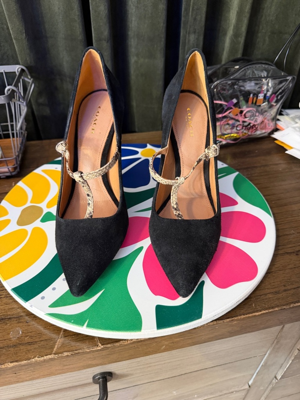 Coach Black Suede Pointed Pumps with Snake-Print Straps